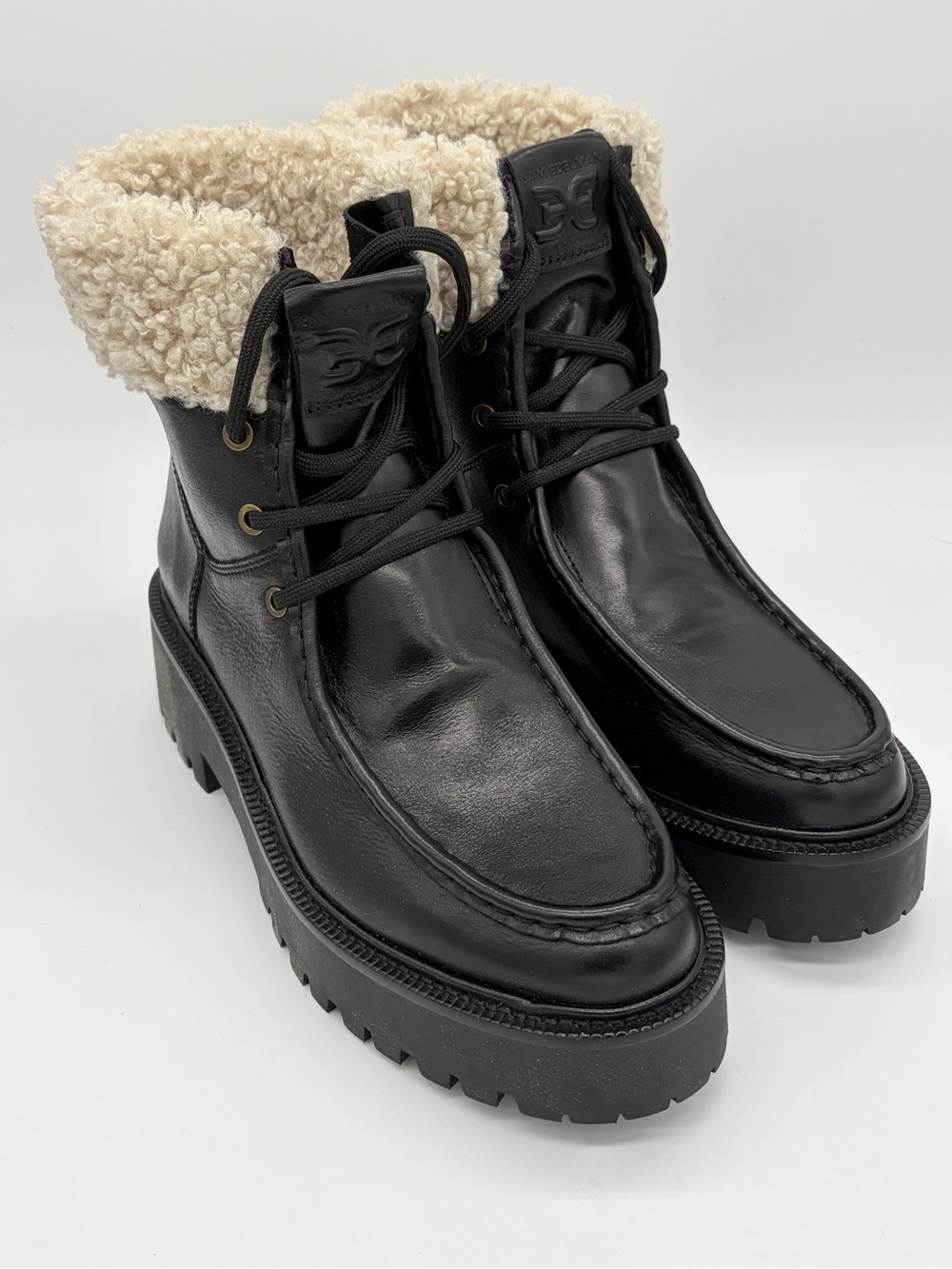 Sam Edelman Black Leather Lace-Up Combat Boots with Cream Sherpa Collar